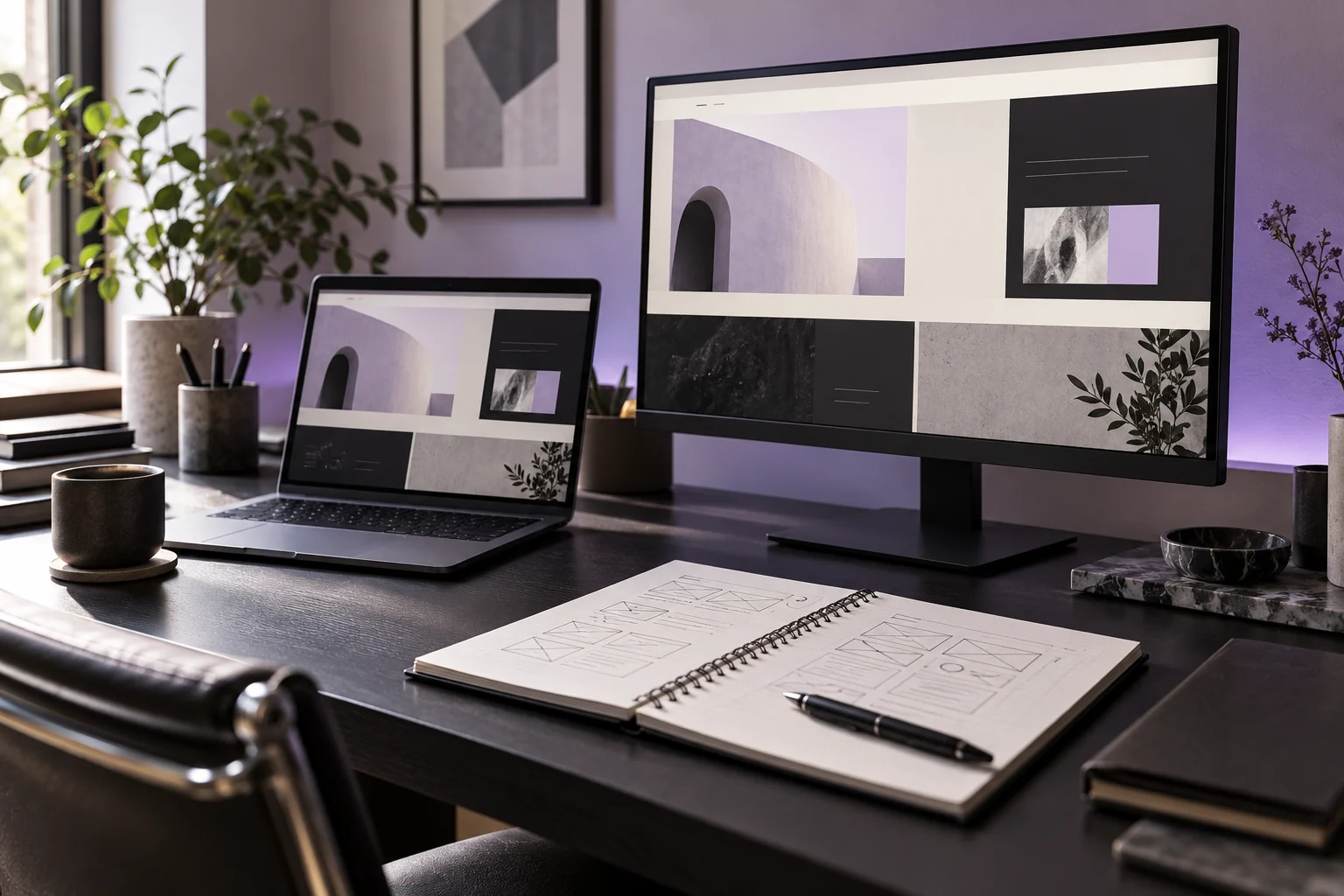 Website design displayed across a laptop and desktop monitor