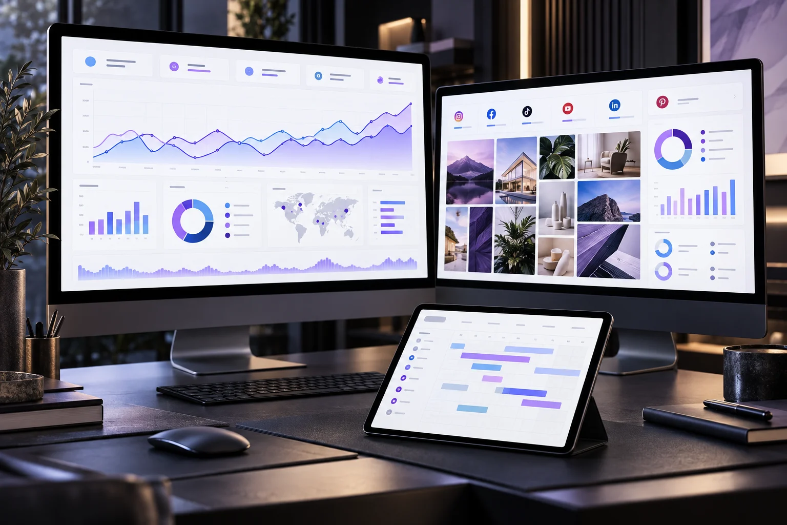 Illustrative campaign dashboards with audience charts and social content