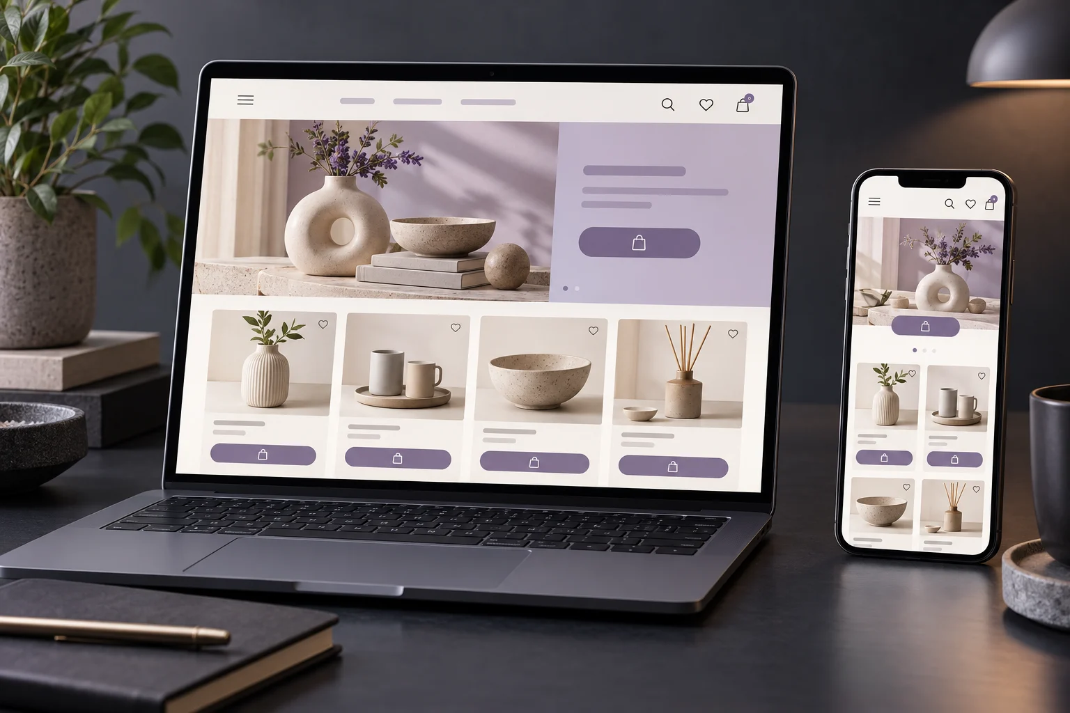 Illustrative online shop with a product catalogue on laptop and mobile screens