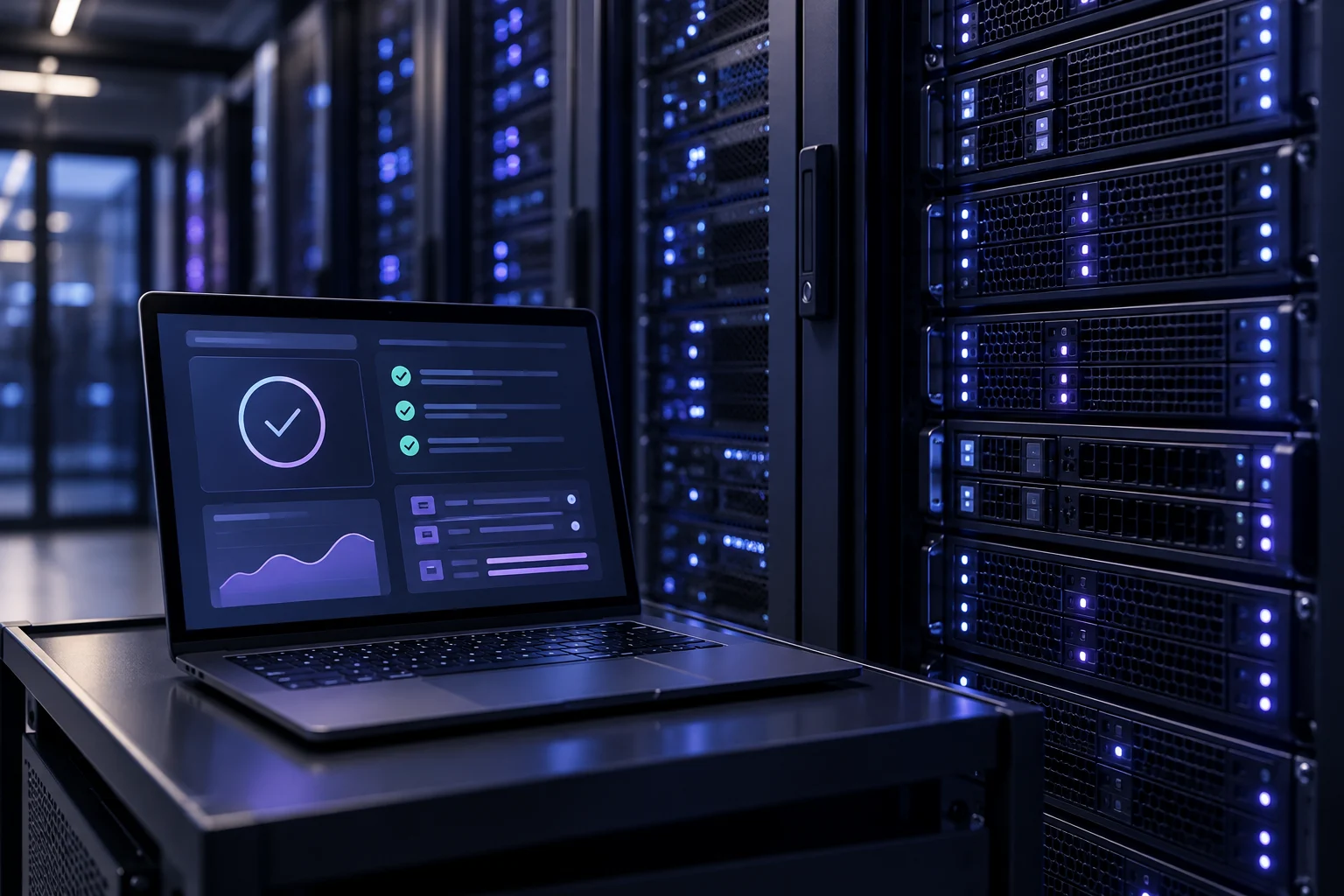 Illustrative server rack and website maintenance dashboard