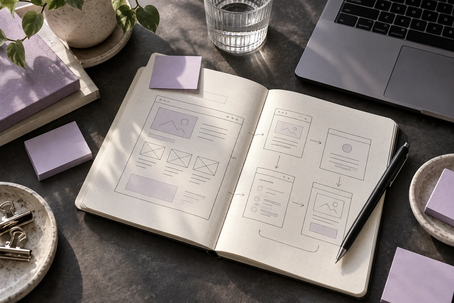 Notebook with website wireframes and project planning sketches