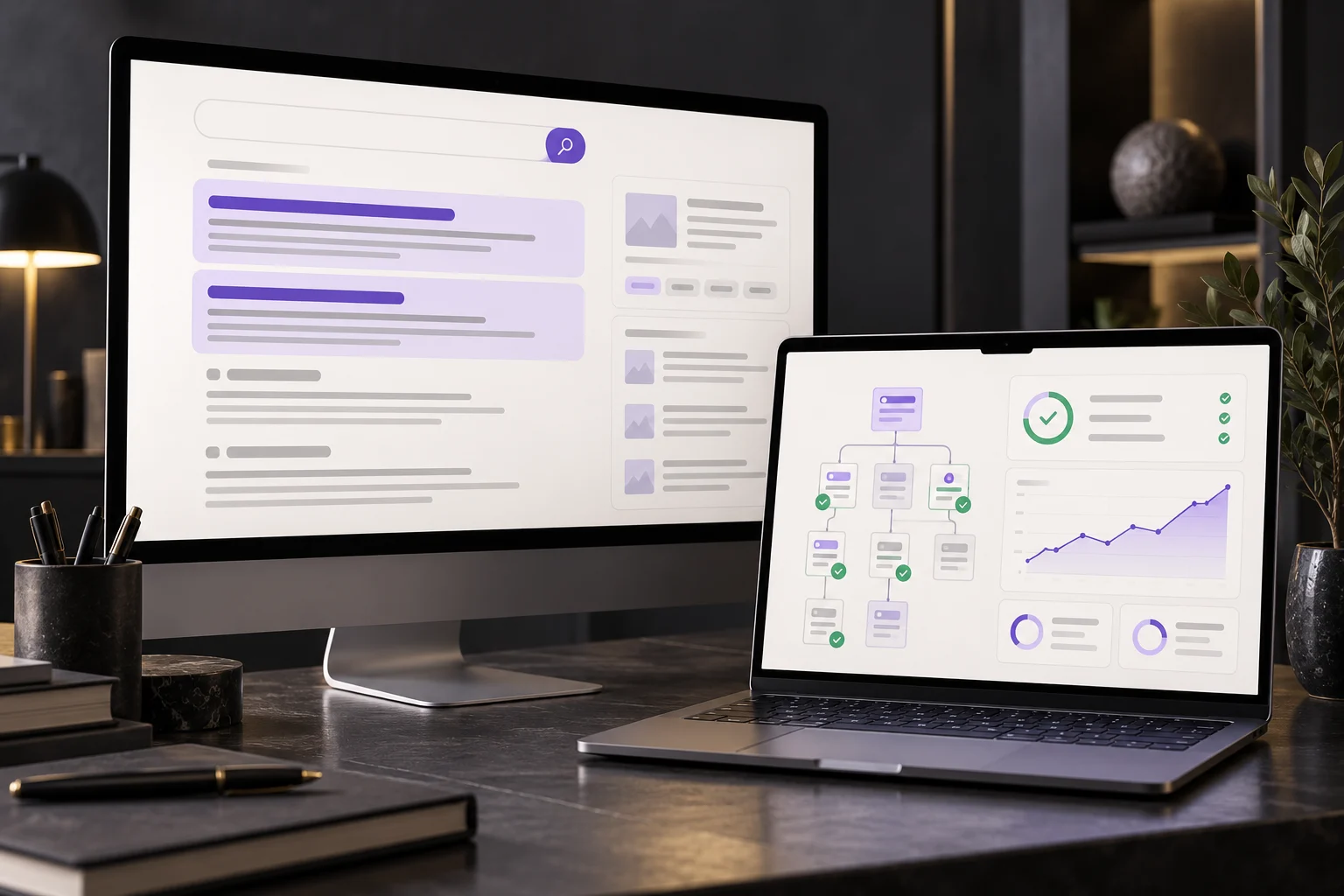 Illustrative search results and website optimisation dashboard